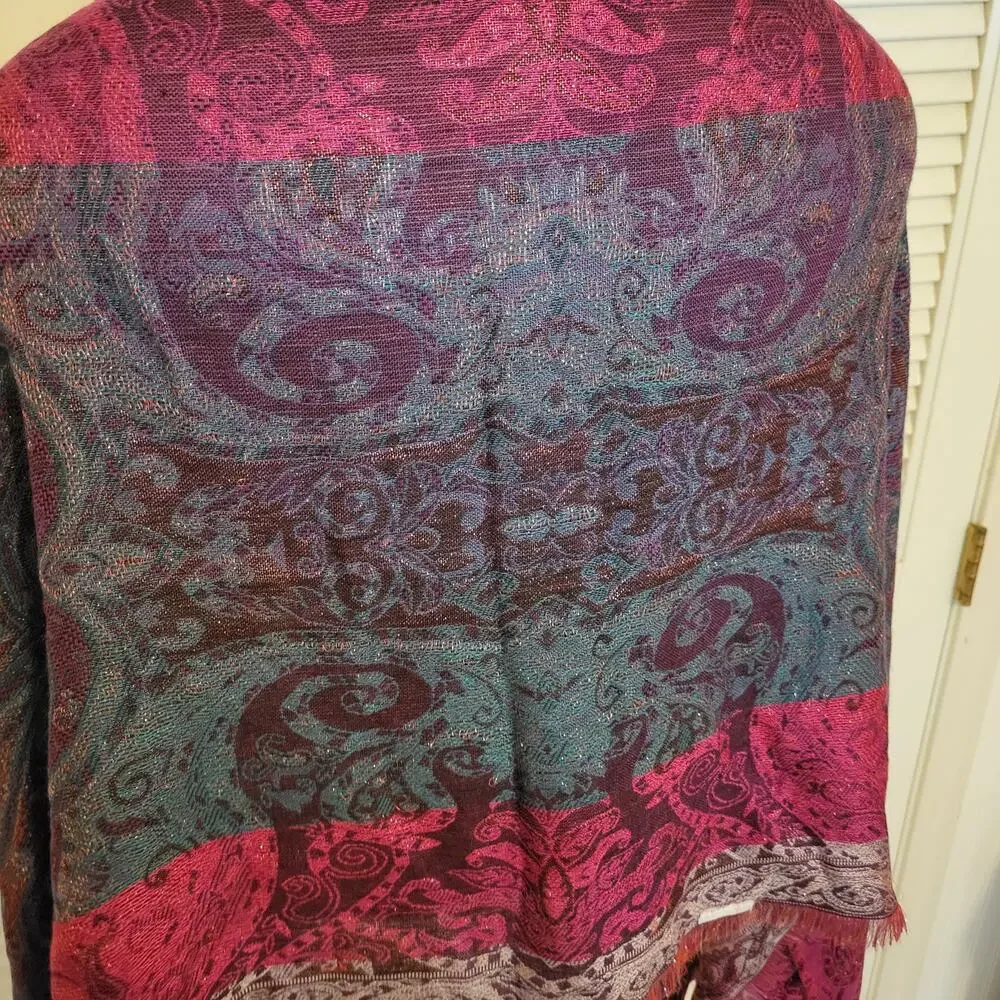 Purple Paisley Pashmina Scarf with Silver Tinsel Fringe 22x76